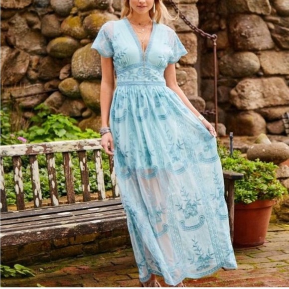 NWT Altar’d State Blue Mariska Lace Maxi Dress Sz Small - Picture 2 of 16